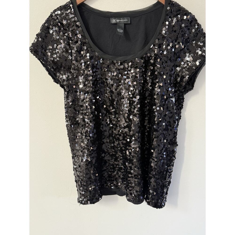 Inc International Concepts Blouse Sequin Short Sleeve Shirt Large Black Party